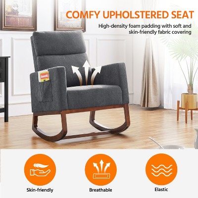 Gray Upholstered Rocking Chair with Rubber Wood Legs and Side Pockets