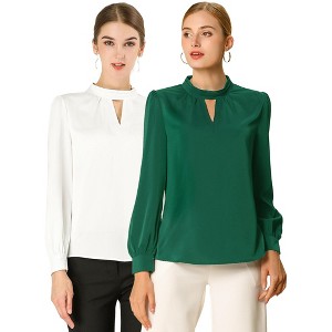 INSPIRE CHIC Women's Office Keyhole Elegant Stand Collar Long Sleeve Button Blouse 2 Packs - 1 of 4