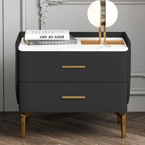 POVISON 20.87-Inch Black Nightstand with 2 Drawers, Wood Bedside Table,Sintered Stone Tabletop, MDF, Stainless Steel Legs - 1 of 4