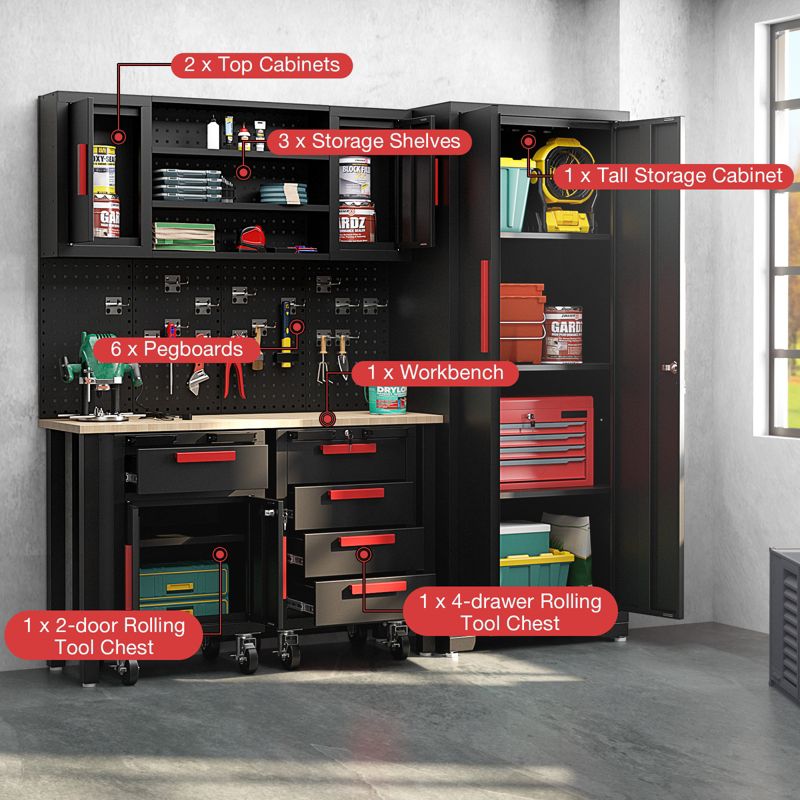 Costway 6PCS Garage Cabinets and Storage System Set with Pegboard & Rubber Wood Worktop, 4 of 11