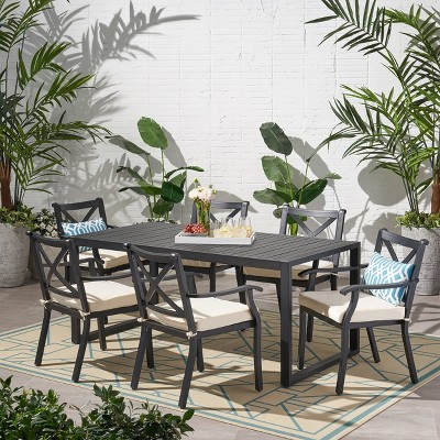 Christopher Knight Home Terpsichore Outdoor Aluminum 7 Piece Dining Set with Water-Resistant Cushion, Black/Ivory