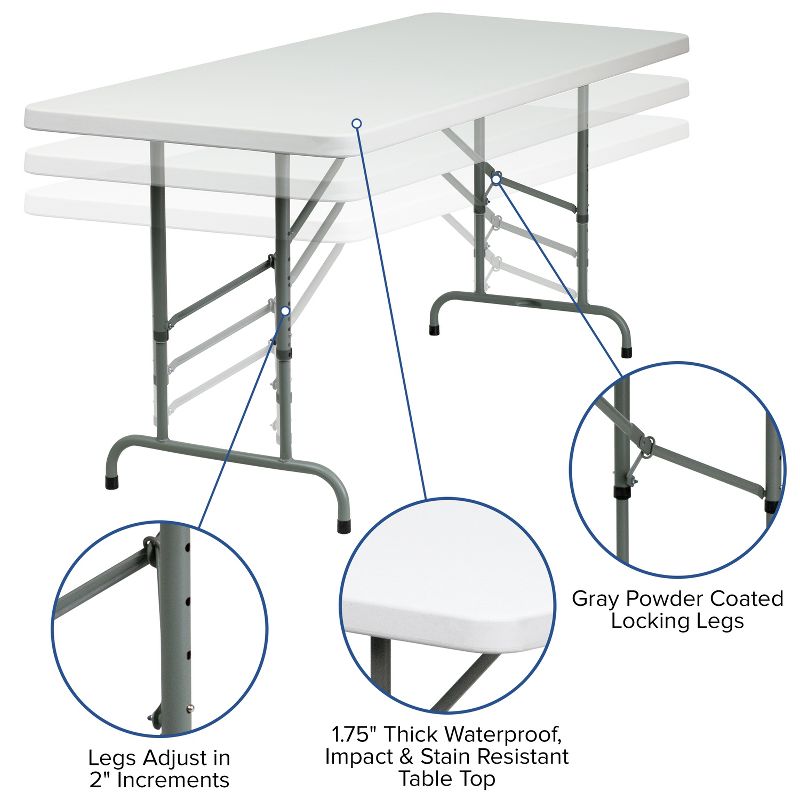 Flash Furniture 6-Foot Height Adjustable Granite White Plastic Folding Table, 4 of 11