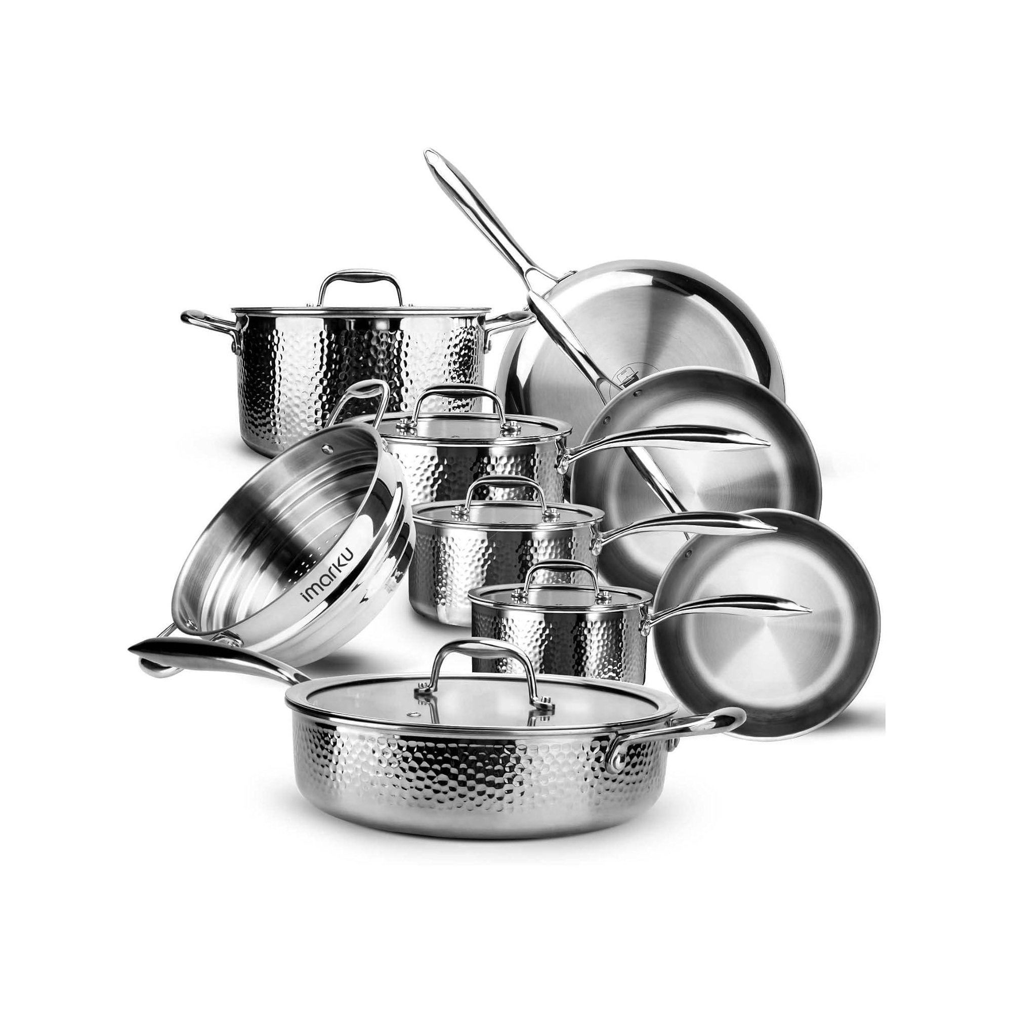 Imarku Pots and Pans Set, 14PCS Kitchen Cookware Set, Tri-Ply Clad Stainless Steel with Ergonomic Handle and Lids, Dishwasher Safe, Kitchen Essentials