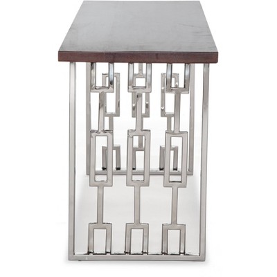 Lennox Dark Walnut Brown Wood and Silver Metal Bench
