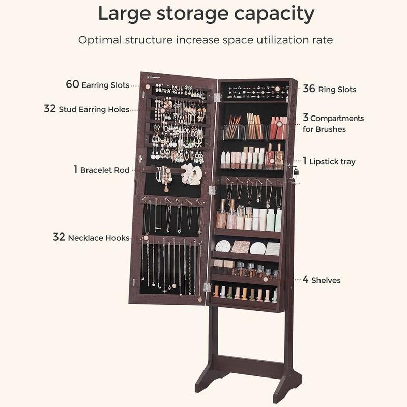 SONGMICS Mirrored Jewelry Cabinet Armoire Freestanding Lockable Storage Box Organizer Unit with Full-Length Frameless Mirror, 5 of 10