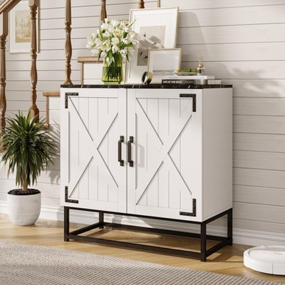 Vabches 32"W Storage Cabinet with Barn Door, Marble Tabletop & Adjustable Shelf, Entryway Console Table, White