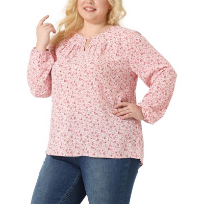 Agnes Orinda Women's Plus Size Chiffon Keyhole Long Sleeve Floral Blouses