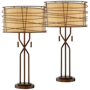 Franklin Iron Works Marlowe 28 3/4" Tall Farmhouse Rustic Modern End Table Lamps Set of 2 Pull Chain Bronze Metal Living Room Bedroom Woven Shade - 1 of 4