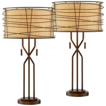 Franklin Iron Works Marlowe 28 3/4" Tall Farmhouse Rustic Modern End Table Lamps Set of 2 Pull Chain Bronze Metal Living Room Bedroom Woven Shade