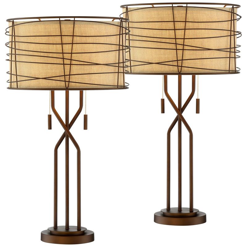 Franklin Iron Works Marlowe 28 3/4" Tall Farmhouse Rustic Modern End Table Lamps Set of 2 Pull Chain Bronze Metal Living Room Bedroom Woven Shade, 1 of 10