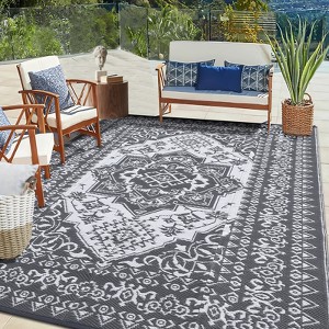 Waterproof Outdoor Rug Reversible Plastic Straw Mat, Vintage Medallion Patio Carpet for RV, Deck, Beach, Camping - 1 of 4