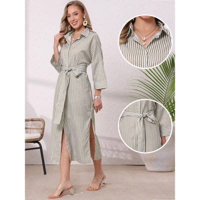 Женские платья INSPIRE CHIC Women's Casual Turndown Collar Stripe 3/4 Sleeve Button Down Split Belted Midi Shift Dress Small Khaki — фото 2