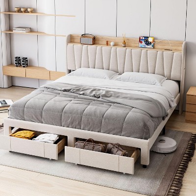 Whizmax Bed Frame with 2 Storage Drawers, Upholstered Platform Bed Frame with Storage Headboard, Mattress Foundation with Solid Wooden Slats Support