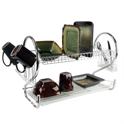 Chrome-Plated Two-Tier Dish Rack with Utensil Cup