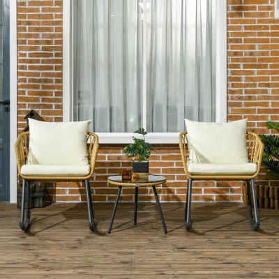 Cream White Cushioned Wicker Rocking Chair Patio Set with Glass Table