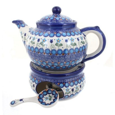 Blue Rose Polish Pottery 1886 Vena Teapot with Warmer & Candle Holder
