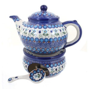 Blue Rose Polish Pottery 1886 Vena Teapot with Warmer & Candle Holder - 1 of 1