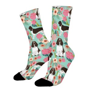 English Springer Spaniel Floral Women Printed Crew Socks Funny Funky Socks Soft Polyester Novelty Gifts for Artists Men - 1 of 1