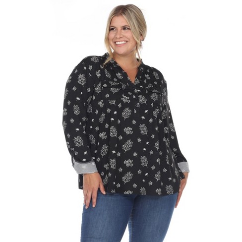 Plus Size Pleated Long Sleeve Leaf Print Blouse Black 3x - White