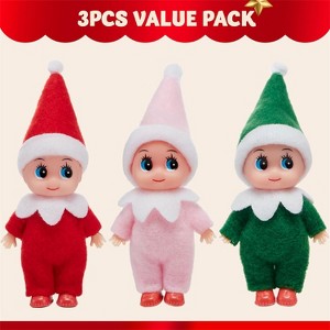 Joyfy 3PC Tiny Xmas Elf Dolls - 1 Red, 1 Green & 1 Pink Miniature Holiday Decor & Stocking Stuffers for All Ages - 1 of 4