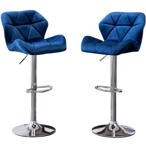 Velvet Diamond Tufted Swivel Adjustable Height Barstool Set of 2 Blue