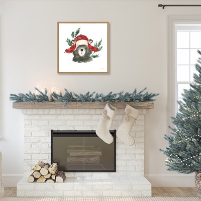 Christmas Bear with Garland Framed Canvas Wall Art