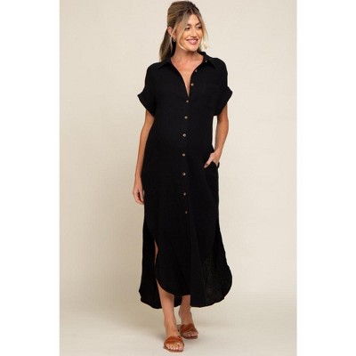PinkBlush Black Button Down Maternity Midi Dress