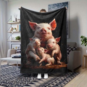 Pig Family Print Flannel Blanket, Four Seasons Cozy Throw for Car and Home, Soft Polyester Fiber, Christmas Gift. - 1 of 4