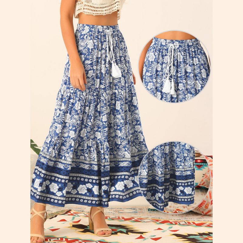 Allegra K Women's Summer Floral Boho Tassels Elastic Waist Casual Maxi Skirts, 2 of 7