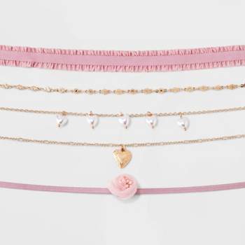 Rose Fabric and Heart Drop Choker Necklace Set 5pc - Wild Fable™ Gold/Pink