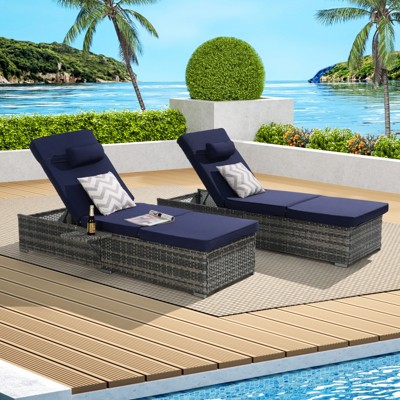 VisioGear Patio 2-Piece Chairs Tanning Lounges with Storage, Beach Recliners with Adjustable Backrest, Dark Blue, 77"*25"*14.8"