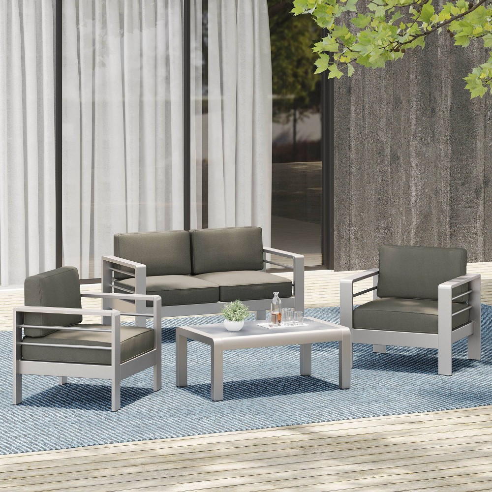 Cape Coral 4pc Cast Aluminum Patio Loveseat Set with Cushions - Silver - Christopher Knight Home: Modern Design, Water-Resistant