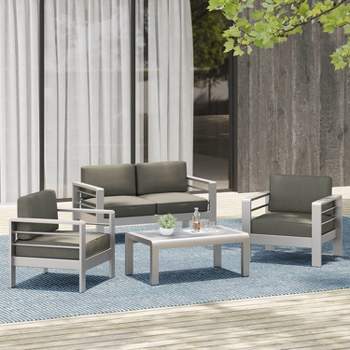 Cape Coral 4pc Cast Aluminum Patio Loveseat Set with Cushions - Silver - Christopher Knight Home