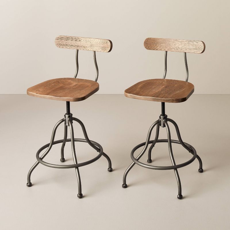 2pk Industrial Wood &#38; Steel Adjustable Counter Stools - Aged Oak/Black - Hearth &#38; Hand&#8482; with Magnolia, 1 of 9