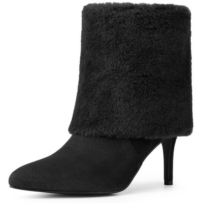 BLISSFUL STEP Women's Faux Fur Stiletto Heel Pointed Toe Ankle Boots