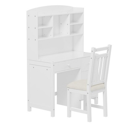 INFURNIC Decorative Bookshelf Vintage Office Desk Set with Bookshelf, 4 Drawers and Upholstered Chair for Home Office, White, 44"*23"*13.5"