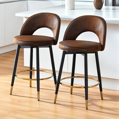 Mshliw Set of 2 Modern 360° Swivel Brown Techno-Fabric Bar Chairs with Black Metal Legs, Upholstered Counter Stools for Dining Room, or Home Bar