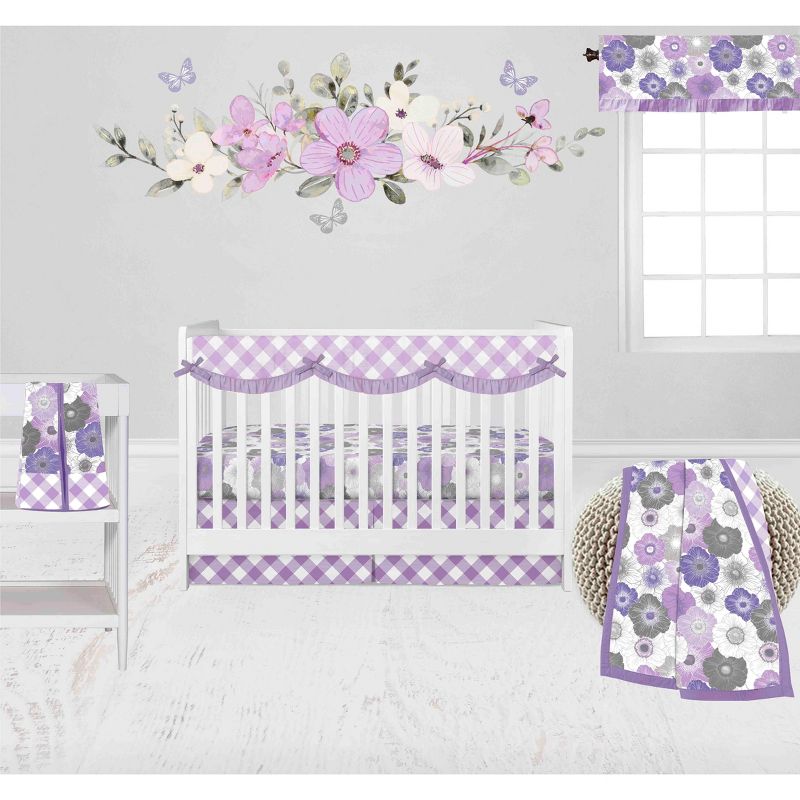 Bacati - Watercolor Floral Purple Gray 6 pc Crib Bedding Set with Long Rail Guard Cover, 4 of 12