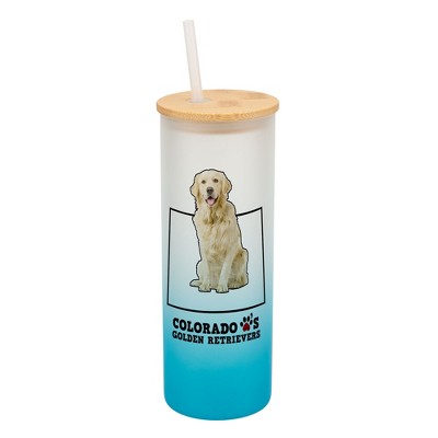 Elanze Designs Colorful Colorado Loves Golden Retrievers Sky Blue and White Ombre Frosted Glass Travel Tumbler with Straw and Wooden Lid, 25 Ounce