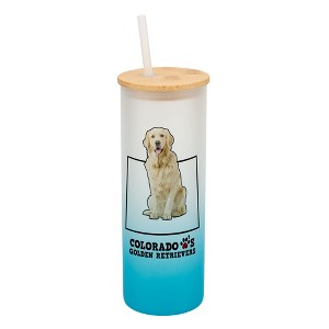 Elanze Designs Colorful Colorado Loves Golden Retrievers Sky Blue and White Ombre Frosted Glass Travel Tumbler with Straw and Wooden Lid, 25 Ounce - 1 of 4