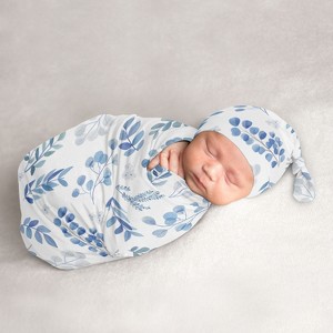 Sweet Jojo Designs Boy, Girl, Unisex/Gender Neutral Baby Cocoon and Beanie Hat Swaddle Wrap Botanical Blue, Grey and White 2pc - 1 of 4