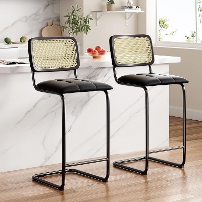 Black Counter Height Bar Stools Set of 2 Upholstered PU Leather Barstools with Rattan Back 30 inch Stools Armless Bar Chairs for Kitchen Island