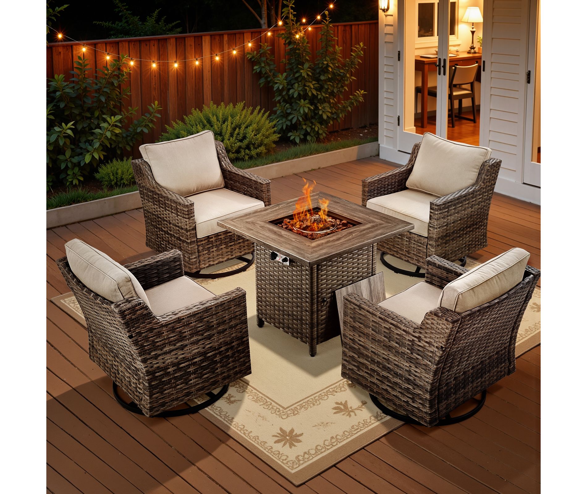 Belord Swivel Rocker Patio Wicker Chairs, Outdoor Swivel Rocker Chair Set of 4 with Propane Firepit Table, High Back Gray Wicker Patio Furniture Set