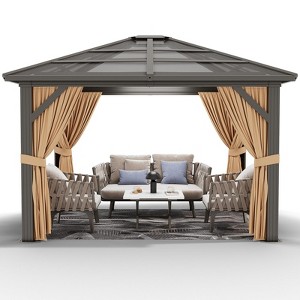 10'x10'/10'x12' Hardtop Gazebo, Aluminum Frame Gazebos, Permanent Outdoor Metal Pavilion with Curtain and Netting for Patio, Lawn, Deck - 1 of 4