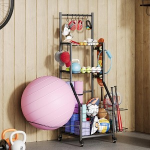 MOEPISY Sports Equipment Organizer for Garage, Gym Storage Rack with Locking Wheels & Multi-Purpose Hooks - 1 of 4