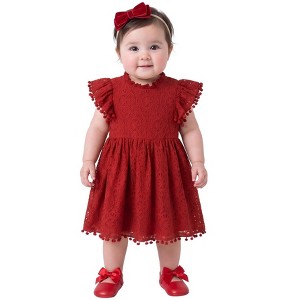 toddler holiday dress 2Bunnies Baby & Girls' 6M-2T Lace Pom-Pom Trim Flutter Sleeve Christmas 6 months / Red red christmas dress toddler