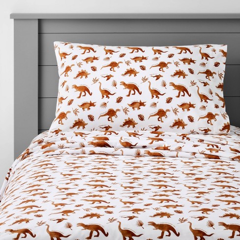 Queen Dinosaur Cotton Kids' Sheet Set Watercolor Brown - Pillowfort™