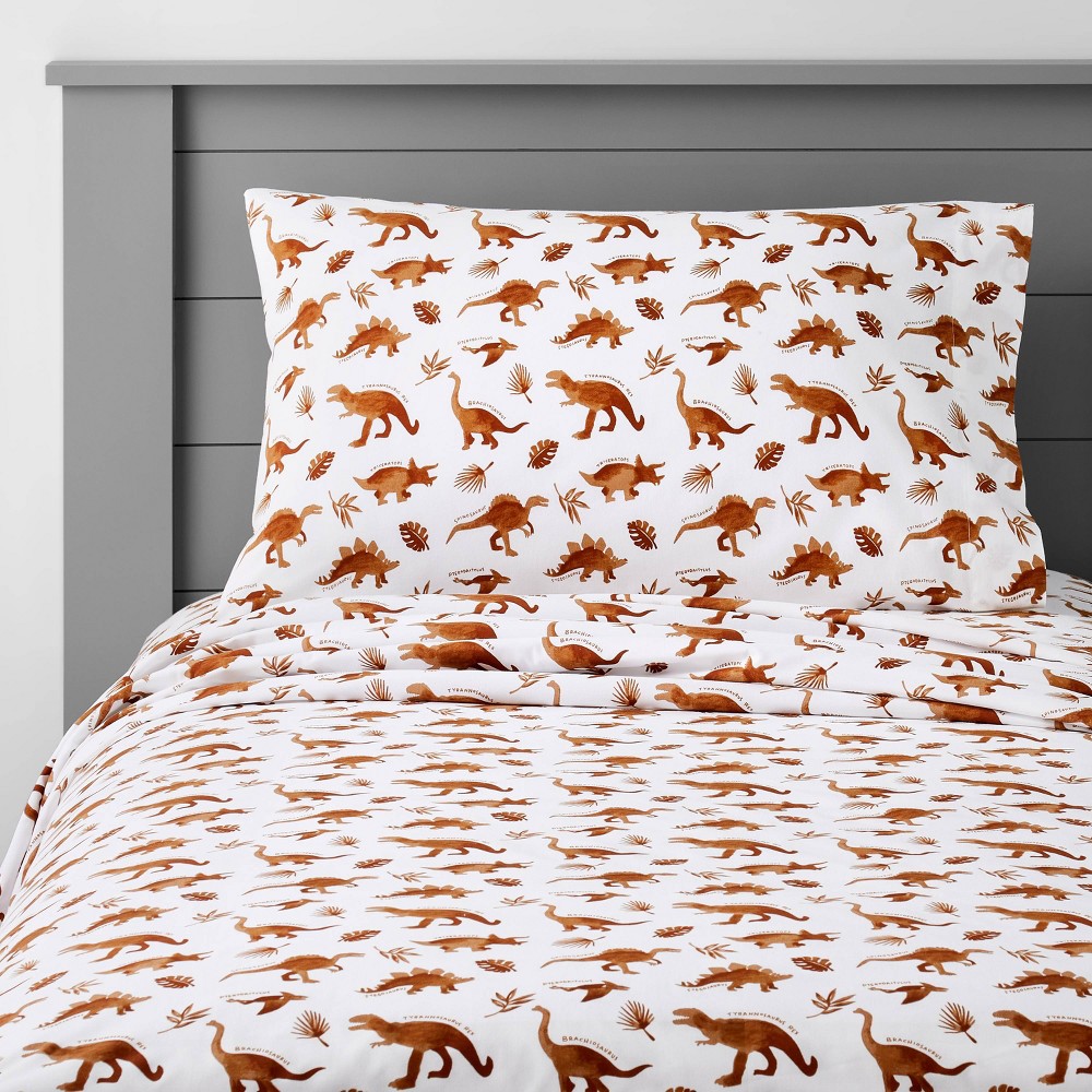 Photos - Bed Linen Queen Dinosaur Cotton Kids' Sheet Set Watercolor Brown - Pillowfort™