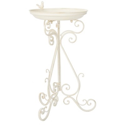 Pearl White Metal Scrolled Outdoor Bird Bath Stand