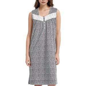 YafeMarte Women’s Sleeveless Cotton Blend Nightgown with Lace Trim and Embroidery Design - 1 of 4